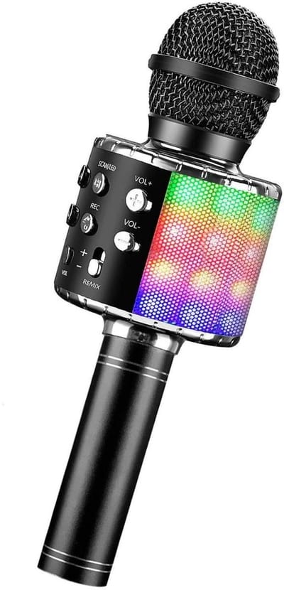 EXCITAT Draadloze karaokemicrofoon - Draagbare Bluetooth karaokemicrofoon - met LED-discolicht - Geschikt voor zingende kinderen en volwassenen - zwart