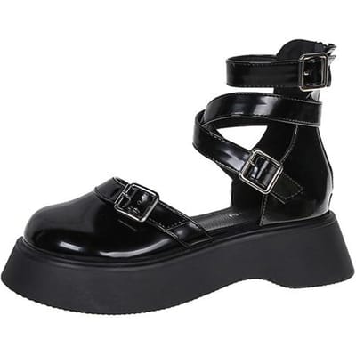 Chaussures Lolita à lacets croisés pour femmes, chaussures plates à plateforme, chaussures décontractées à semelle épaisse en cuir avec boucle et sangle, chaussures Mary Janes blanches 9285c 40 noir