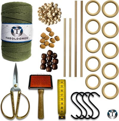 Deluxe Macramé Pakket | Olijfgroen | 200 METER | Triple Twist | 3mm | Starter Set | Schaar | S-haken | Kam | Meetlint | Ringen | Kralen | Stokken | Macramé Touw | 100% Katoen | DIY | Macramé | Wandkleed | Plantenhanger | TheOldOmen