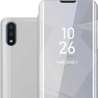 Cadorabo Hoesje geschikt voor Samsung Galaxy A01 in AGAAT ZILVER - Clear View Spiegel Beschermende Case met Tribunefunctie 360 Graden Bescherming Book Case Cover Etui