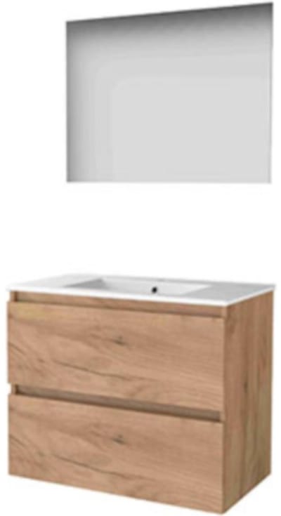 Basic-Line Ultimate 46 Badkamermeubelset - 80 x 46 cm - Greeploos - 2 Lades - Keramische Wastafel - 1 Kraangat - Spiegel met Indirecte LED Verlichting - Whisky Oak