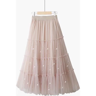 Printemps doux rétro fée couleur unie taille haute cloué perlé pompeux jupe Train mi-longue demi-jupe One size abricot