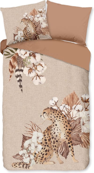 Good Morning dekbedovertrek tijger en bloemen - 1 persoons 140x200/220 cm - Zand - 100% Katoen flanel