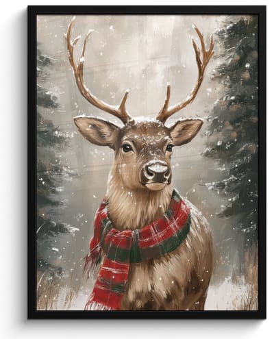 Poster in lijst - Fotolijst 60x80 cm - Posters - Winter - Bos - Rendier - Donker - Posterlijst zwart - Decoratie - Wanddecoratie woonkamer - Muurdecoratie slaapkamer