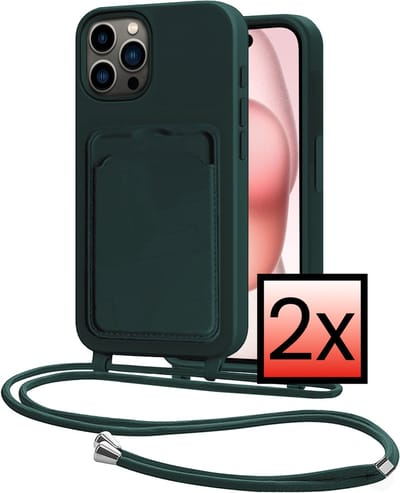 Hoes Geschikt voor iPhone 15 Pro Max Hoesje Pasjeshouder Cover Met Koord Case Siliconen Hoes Met Telefoonkoord en Kaarthouder - Donkergroen - 2 PACK