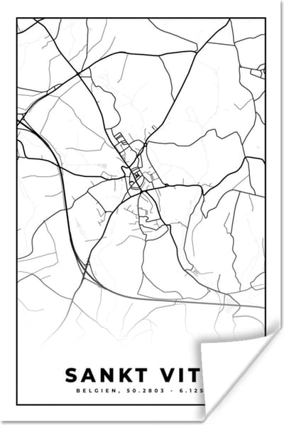 Poster Zwart Wit – België – Plattegrond – Stadskaart – Kaart – Sankt Vith - 120x180 cm XXL