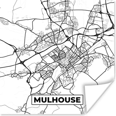 Poster Kaart - Plattegrond - Frankrijk - Mulhouse - Stadskaart - Zwart wit - 100x100 cm XXL