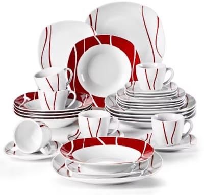 Lavish Serviesset – 6 persoons – 30 delig – Rood wit Keramisch – Dinerborden – Ontbijtborden