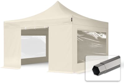 4x4 m Easy Up partytent Vouwpaviljoen, PREMIUM staal 40mm met zijwanden (panorama), crème