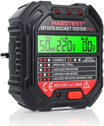 Stopcontacttester met RCD-test en Controlelampjes - 6 Soorten Foutdiagnose, Lekspannings- en Stroomindicator - Fi-tester 48-250V/45-65Hz