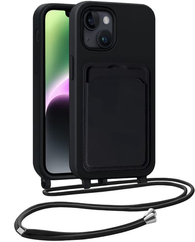Hoesje Geschikt voor iPhone 13 Hoesje Met Telefoonkoord en Pasjeshouder Siliconen - Hoes Geschikt voor iPhone 13 Hoesje Met Kaarthouder Case - Zwart