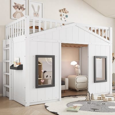 Etagenbed met opbergtrap en raam - Kinderslaapkamer 90x200 cm - Wit - Vierzijdige valbeveiliging - Vrij in te richten onderbed zonder lattenbodem - EN747 gecertificeerd