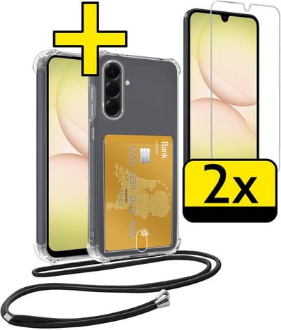 Hoesje Geschikt voor Samsung A17 Telefoonhoesje Met Koord Case Pashouder Met 2x Screenprotector Siliconen - Hoes Geschikt voor Samsung Galaxy A17 Hoesje Met Kaarthouder - Transparant