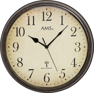AMS F5962 - Wandklok - Analoog - Rond - Radiogestuurde tijdsaanduiding - Metaal - MineraalGlas - Ø32 cm - Bruin