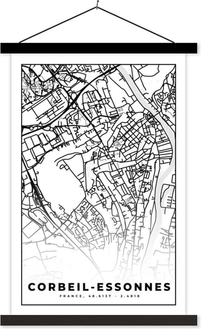 Posterhanger incl. Poster 40x60 cm - Schoolplaat - Kaart - Corbeil-Essonnes - Stadskaart - Frankrijk - Plattegrond - Zwart wit - Textielposter - Zwarte latten - Stadskaart