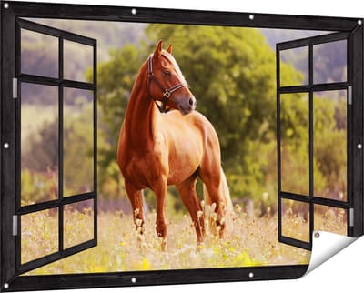 Gards Tuinposter Doorkijk Bruin Paard in de Wei - 150x100 cm - Tuindoek - Tuindecoratie - Wanddecoratie buiten - Tuinschilderij