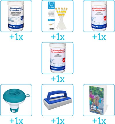 Zwembad Onderhoudspakket - Onderhoud Zwembad - bevat Chloor - Testrips - PH-min - PH-plus - Chloordrijver - Scrubborstel en Zwembadgids (7-delig)