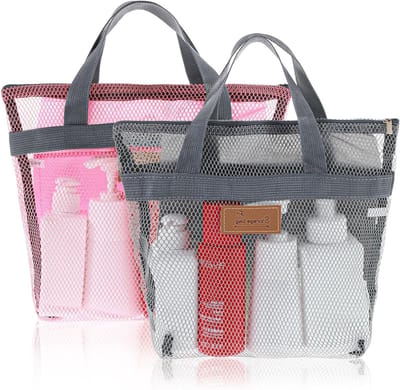 2 Stuks Draagbare Douche Tassen voor Vrouwen, Sneldrogende Mesh Gym Tas met Rits voor Reizen, Sport, Zwemmen en Kamperen, Ideaal voor Studenten en Strandgebruik (Grijs & Roze)