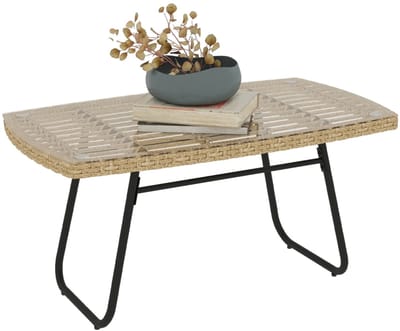 Daity Tuintafel van rotan, afmetingen 90 x 50 x 45 cm, UV-bestendige bijzettafel, glazen blad, naturel hout.
