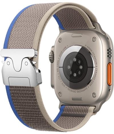 Nylon bandje - geschikt voor Apple Watch 1/2/3/4/5/6/7/8/9/10/11/ SE (1,2,3) met maat 38 mm / 40 mm / 41 mm en 42 mm (Watch 10/11) - P-Buckle gespsluiting - blauw grijs
