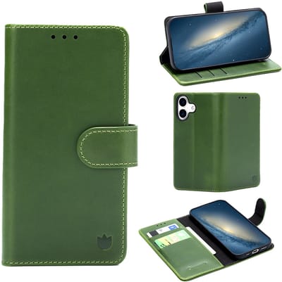 Casemania Echt Leren Hoesje Geschikt voor Apple iPhone 17 - Olive Green - Leer Book Cover - Portemonnee Telefoonhoesje met Pasjeshouder