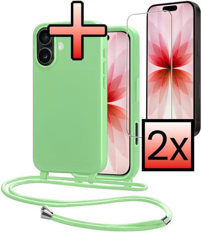 Hoes Geschikt voor iPhone 17 Met Telefoonkoord Met 2x Screenprotector - Siliconen Hoesje Backcover Met Ketting - Groen