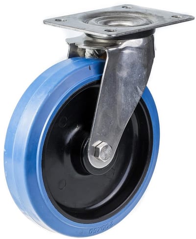 200 mm roestvrijstalen zwenkwiel met blauw elastisch rubber op een nylon middenwiel