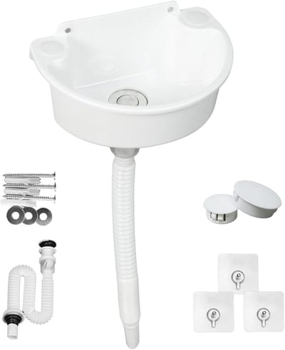 Eenvoudige Plastic Wasbak met Afvoerset en Slang voor Tuin, Garage en Camper - Multifunctionele Opbergoplossing