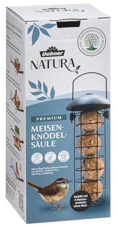 Dehner Natura Premium Wildvogel voederzuil, Mezenbolzuil gevuld, incl. 4 mezenbollen, het hele jaar door het wild vogelvoer vetrijk/energierijk, hoogwaardig vogelvoer voor wilde vogels, ca. Ø 7 cm