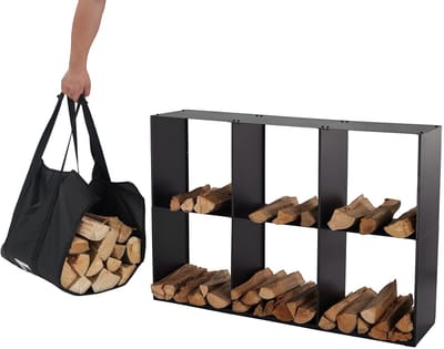 Lendo Online brandhoutrek 80x28x120cm + draagtas– Binnen en buiten - haardhout opslag – haardhoutrek – houtrek - houtopslag – zwart - metaal
