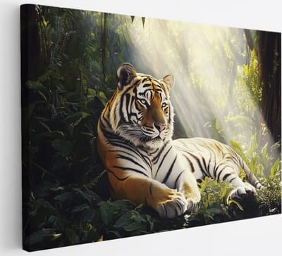 Saammp Canvas Schilderij - Tijger in het bos - Zon - Natuur - Dieren - 30x20 - Foto op canvas - Wanddecoratie - muurdecoratie Woonkamer - Slaapkamer decoratie - Canvas Print