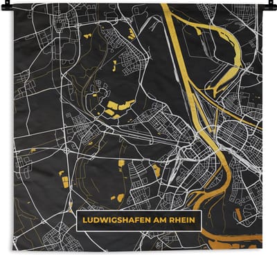 Wandkleed - Wanddoek - Ludwigshafen Am Rhein - Goud - Plattegrond - Kaart - Stadskaart - Duitsland - 180x180 cm - Wandtapijt
