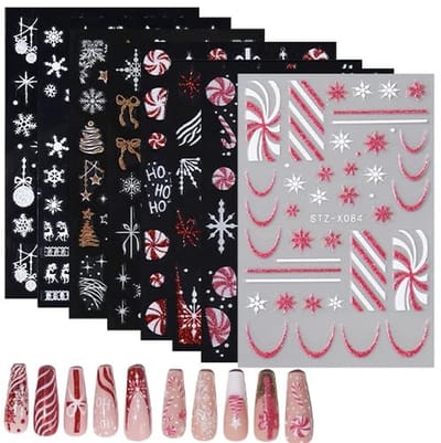 Dailygoods- Nagelstickers Kerstmis - 3D-nagelstickers - Nageldecoratie - DIY manicure - 8 vellen - Winter thema - Sneeuwvlokken/kerstballen