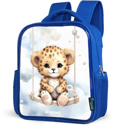 NoBoringSuitcases.com® - Rugzak blauw - Schooltas jongens - Cheeta welpje op een schommel in de wolken - Kinder rugtas jongen - Boekentas kind - Kinderrugzak voor school - Schoolrugzak