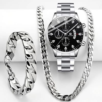 Zilverkleurig heren horloge set met schakel ketting en schakel armband – 3 delige sieraden set voor mannen – analoog horloge met zwart uurwerk