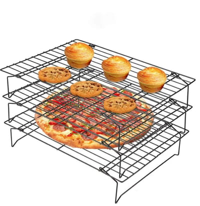 Dailygoods- Koelrooster 3-Laags - Roestvrij Staal - Anti-aanbaklaag - Gelijkmatige Koeling - Geschikt voor Koekjes/Cake - 34 x 24,5 x 19,5 cm - Bakrooster