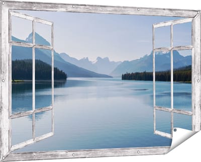 Gards Tuinposter Doorkijk Meer bij de Bergen in Alberta, Canada - 150x100 cm - Tuindoek - Tuindecoratie - Wanddecoratie buiten - Tuinschilderij