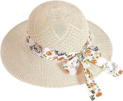 VHV-Stijlvolle Dames Zonnehoed - Opvouwbare Strohoed voor Dames - Elegante Zomerhoed met Strik - UV Beschermende Strandhoed met Brede Rand voor Vakantie Reizen en Outdoor
