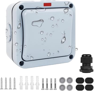 Waterdichte buitenlichtschakelaar voor vochtige ruimtes, inbouwmodel, grijs, 20 amp 250 V, ideaal voor tuin en balkon.