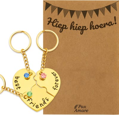 BFF Sleutelhanger voor 3 'Hiep Hiep Hoera' - Hartje Puzzelstukjes & Kristal - Sleutelhanger set op Cadeau Kaartje - Goudkleurig - Verjaardags Hanger - Pax Amare