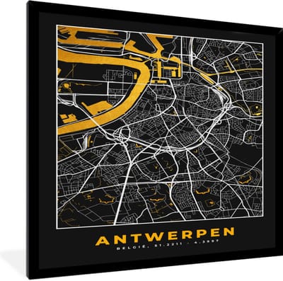 Fotolijst incl. Poster - Antwerpen - Stadskaart - Kaart - Goud - Plattegrond - 40x40 cm - Posterlijst