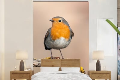 Behang - Fotobehang Roodborstje - Vogel - Tak - Dieren - Breedte 145 cm x hoogte 220 cm