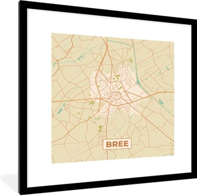 Fotolijst incl. Poster - Kaart - Stadskaart - Retro - Bree - Plattegrond. - 40x40 cm - Posterlijst