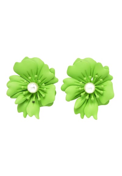 AVANT-GARDE PARIS Oorringen Met Bloem En Parel - Matcha Groen - Bloemoorbellen - Statement Sieraden - Rhodium Plated - Voor Dames