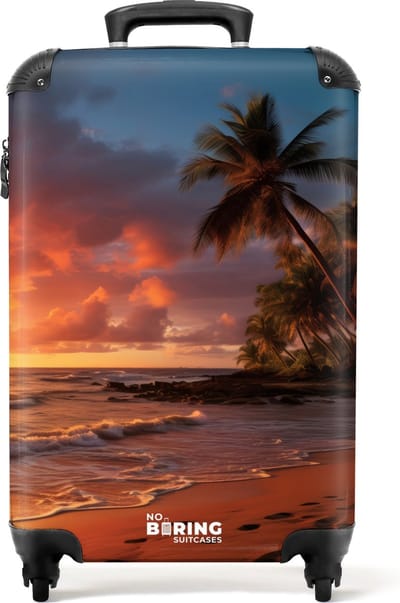 NoBoringSuitcases.com® - Handbagage koffer lichtgewicht - Reiskoffer trolley - Strand met palmboom bij zonsondergang - Rolkoffer met wieltjes - Past binnen 55x40x20 en 55x35x25