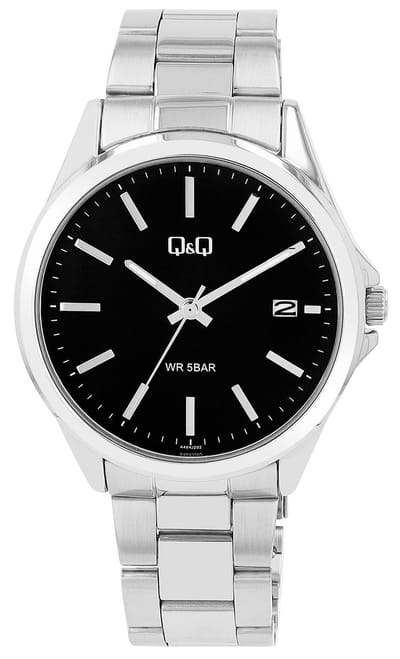 Q&Q-model a484j202y-Herenhorloge-datum-zilverkleurig-zwart-stalen band-5 bar waterdicht-diameter 42 mm