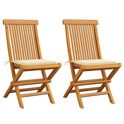 vidaXL - Opklapbare - stoelen - met - crèmekleurige - kussens, - 2 - stuks, - massief - teakhout