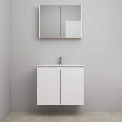 On-Line Badkamermeubelset - 80 cm - Bouwpakket - Greeploos 2 Deuren - Acryl Wastafel - 1 Kraangat - Spiegelkast - Hoogglans Wit