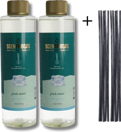 Scentmoods Geurstokjes Navulling Ijswater Set van 2 + 12 Geurstokjes - Geurverspreider - Luchtverfrisser - Huisparfum - 400ml x 2