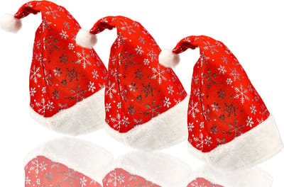 Kerstmuts unisex sneeuwvlokken 3 stuks - Santa Pluche Rood-Wit - 62 cm Omtrek - Voor dames en heren - perfect voor kerstboom en kerstmarkt